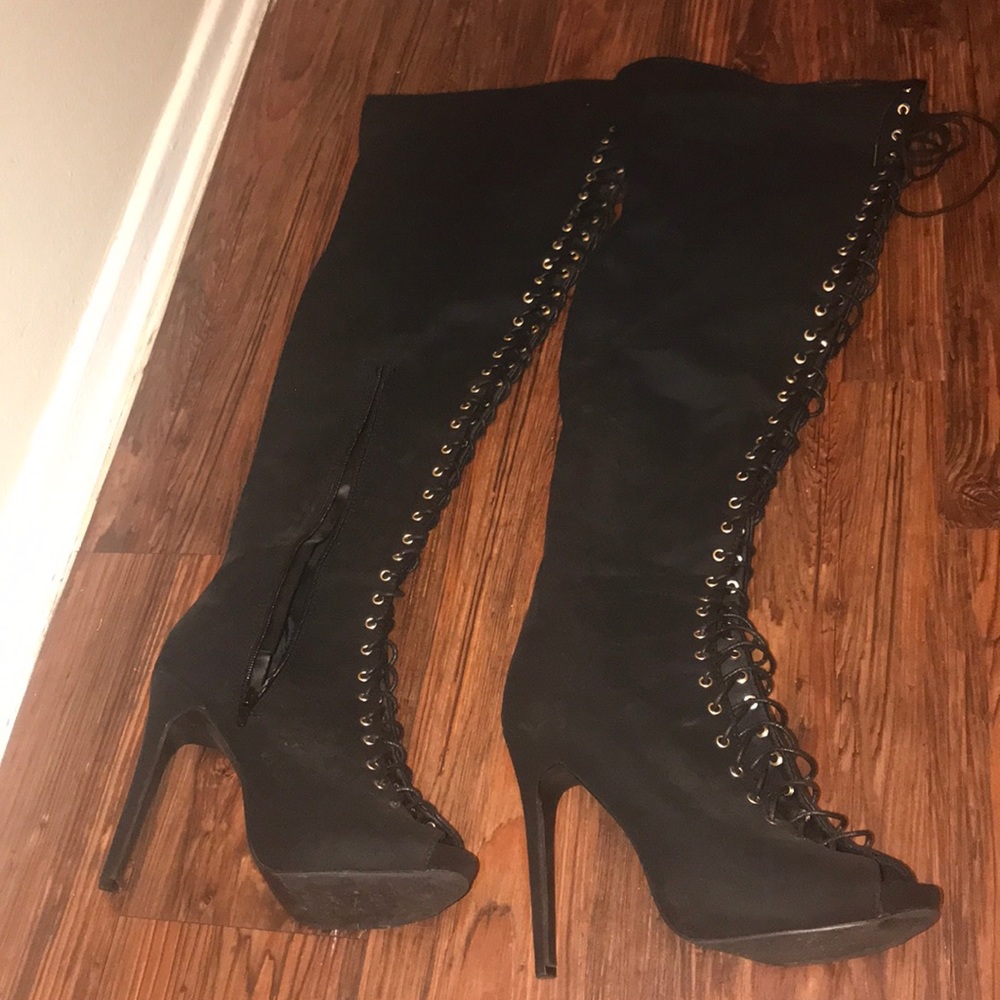 JustFab Black Laced Knee High Boots